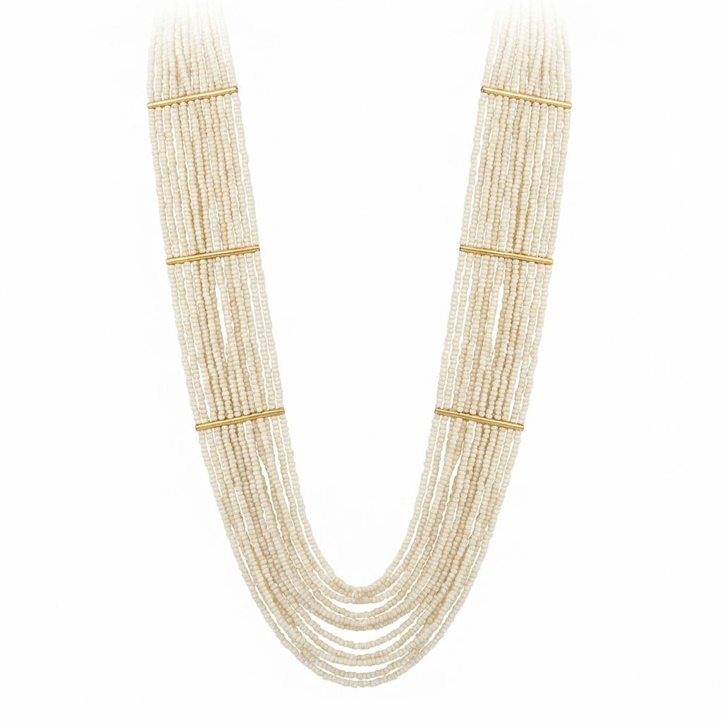 Collana Lunga Multifilo in Microperline Avorio e Elementi Dorati