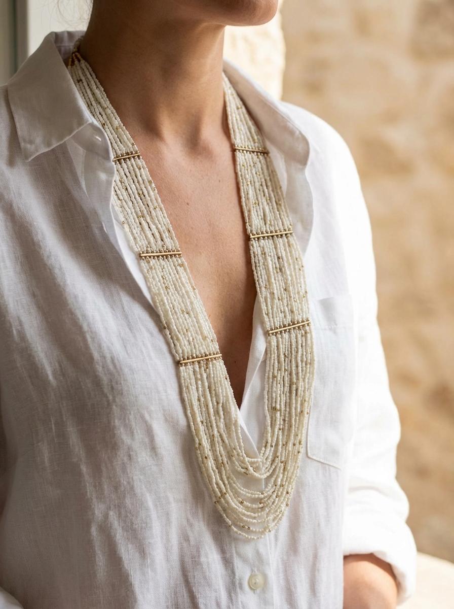 Collana Lunga Multifilo in Microperline Avorio e Elementi Dorati - immagine 2