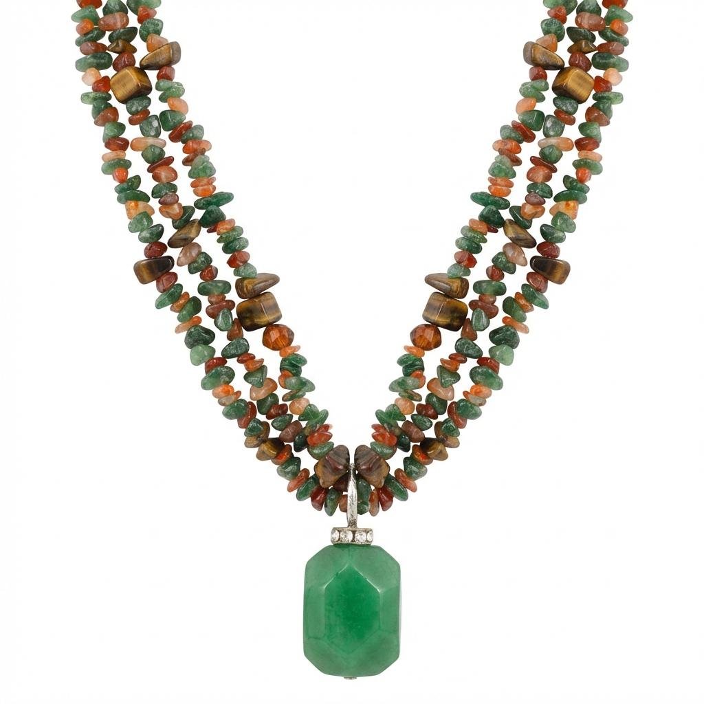 Collana Multifilo in Agata Verde, Corniola e Occhio di Tigre con Ciondolo Sfaccettato