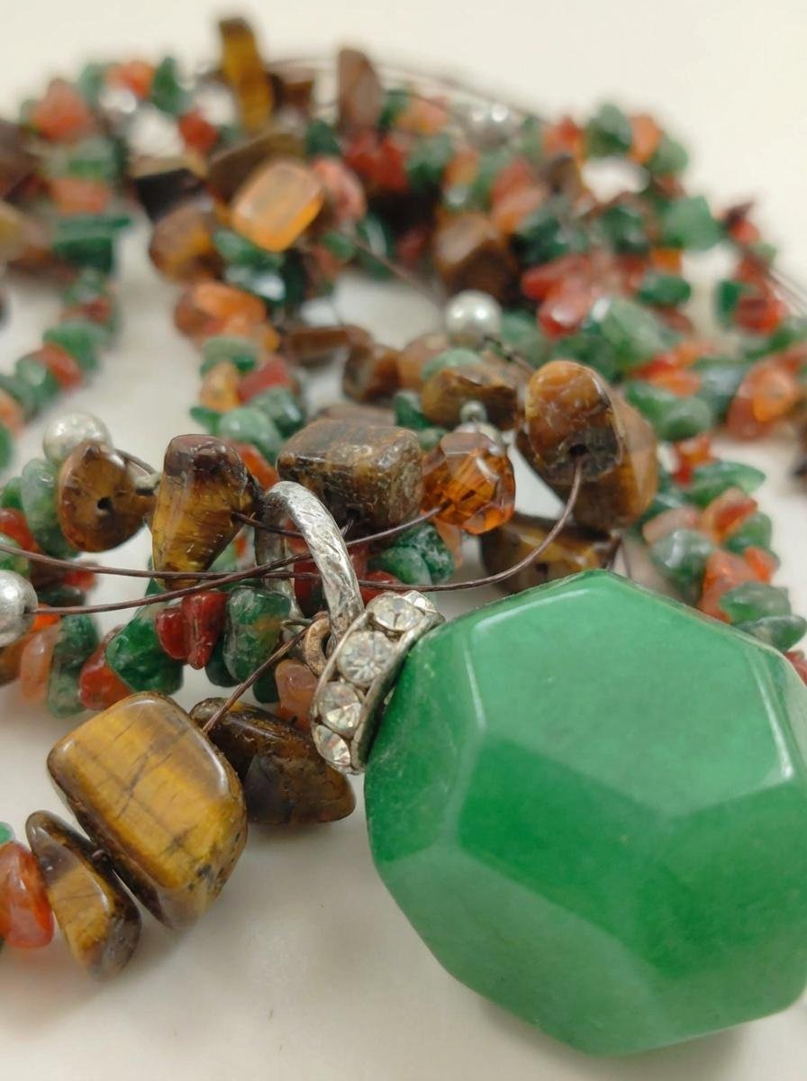 Collana Multifilo in Agata Verde, Corniola e Occhio di Tigre con Ciondolo Sfaccettato - immagine 4
