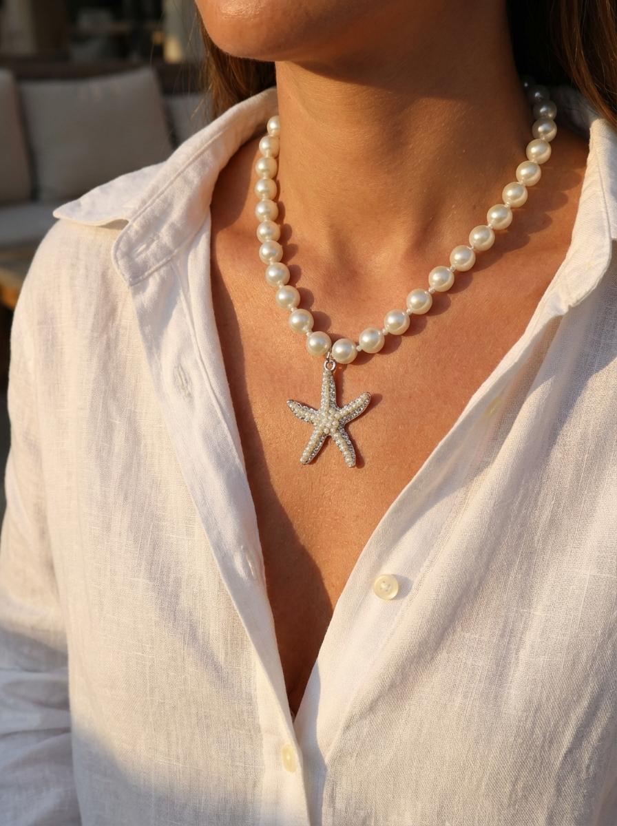 Collana Girocollo Perle Bianche con Ciondolo Stella Marina - immagine 3