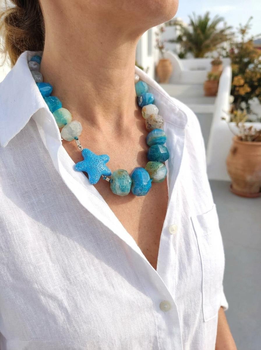 Collana in Pietre Naturali Agata con Stella Marina Blu - immagine 3