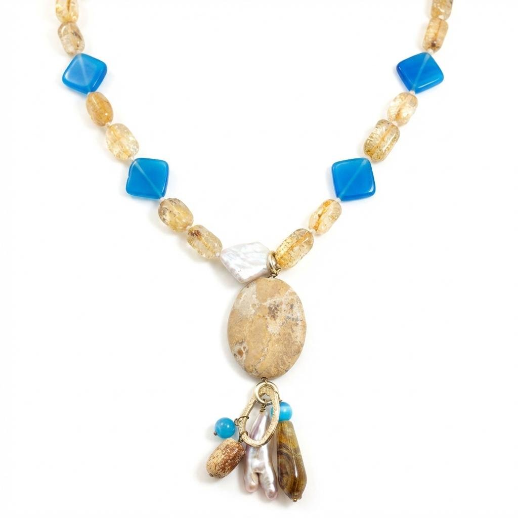 Collana in Citrino e Agata Blu con Pendente Pietra Safari