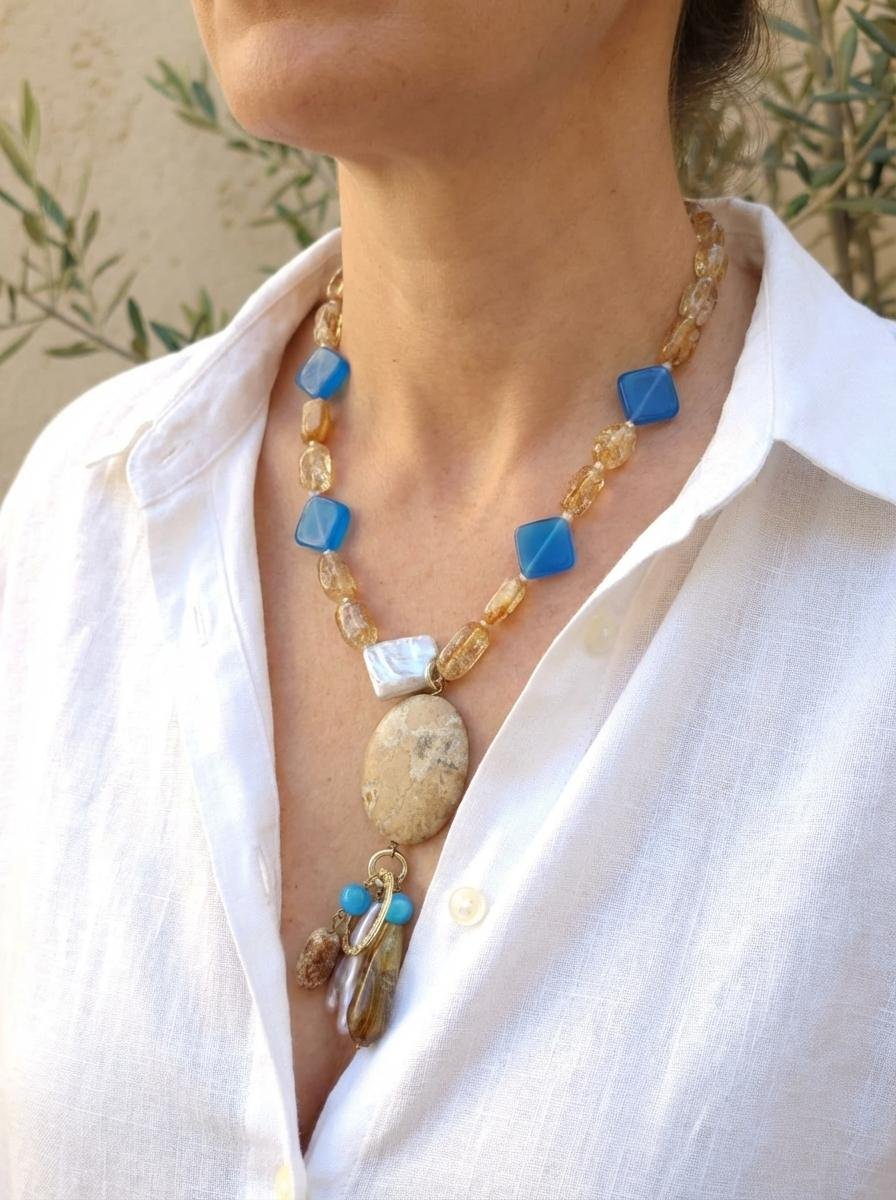 Collana in Citrino e Agata Blu con Pendente Pietra Safari - immagine 2