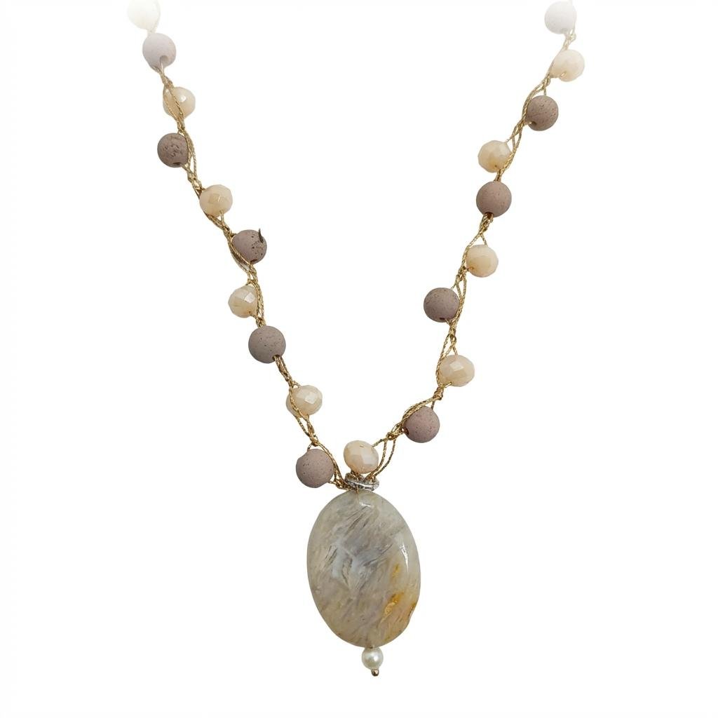 Collana Uncinetto in Filo di Seta con Ciondolo Onice Maculato