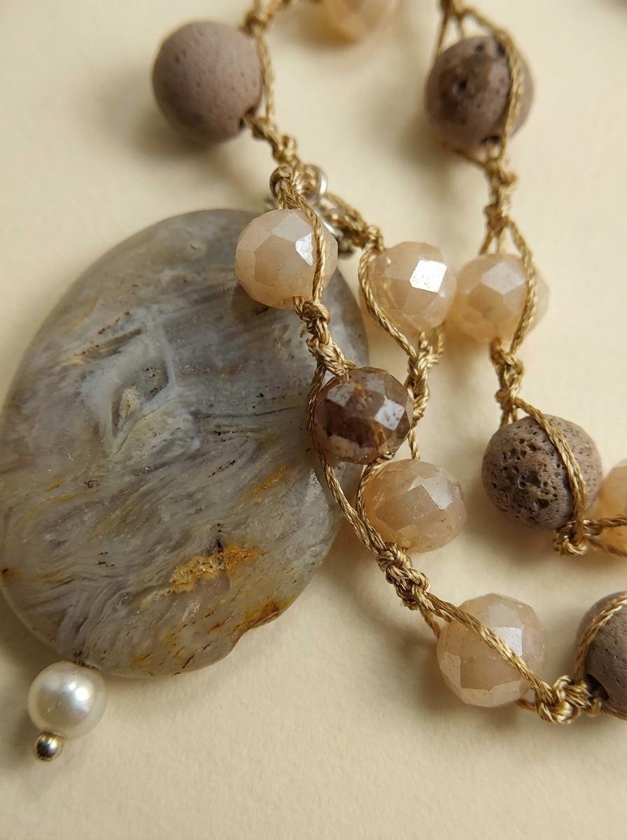 Collana Uncinetto in Filo di Seta con Ciondolo Onice Maculato - immagine 4