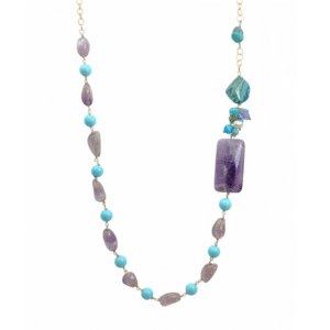 Collana Lunga in Ametista e Turchese con Pendente Rettangolare