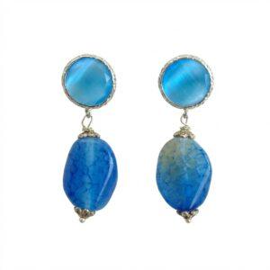 Orecchini Pendenti in Agata Blu Venata e Occhio di Gatto