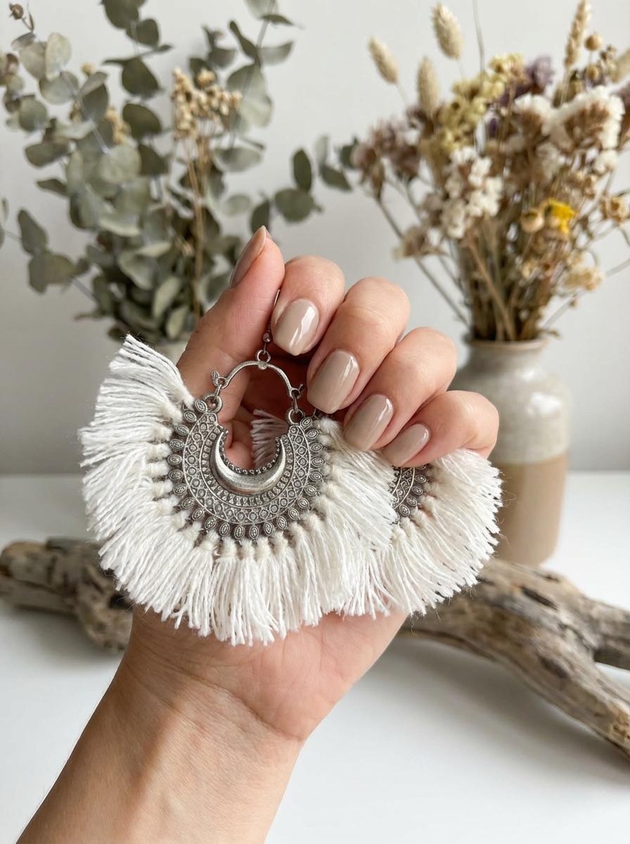 Orecchini Boho Chic con Frange Bianche e Metallo Argentato - immagine 4