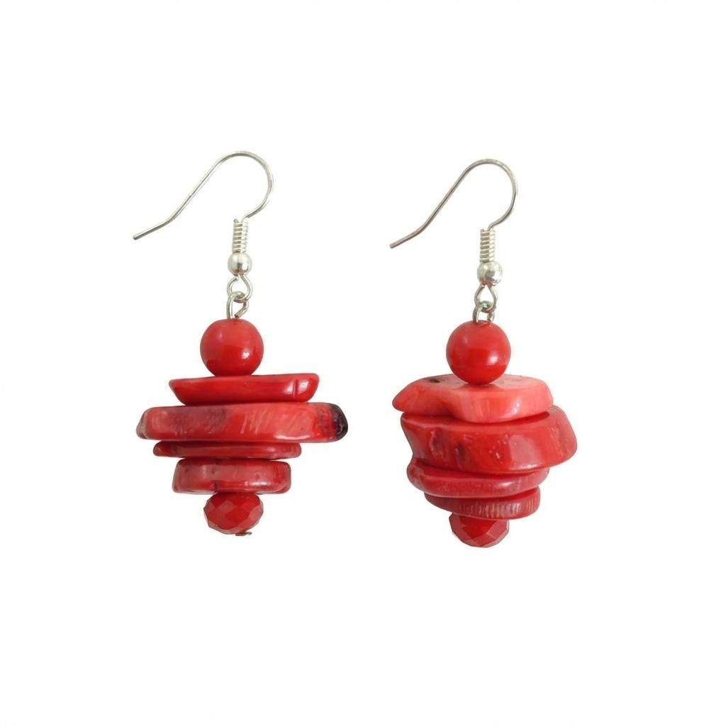 Orecchini in Argento 925 e Corallo Bambù Rosso a Strati