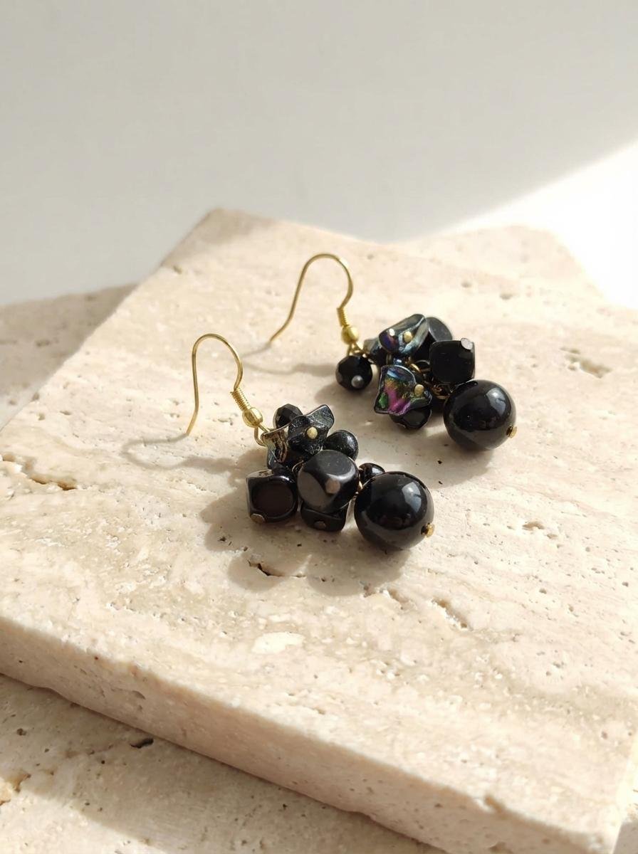 Orecchini Pendenti in Onice Nero Mix e Argento 925 Dorato - immagine 2