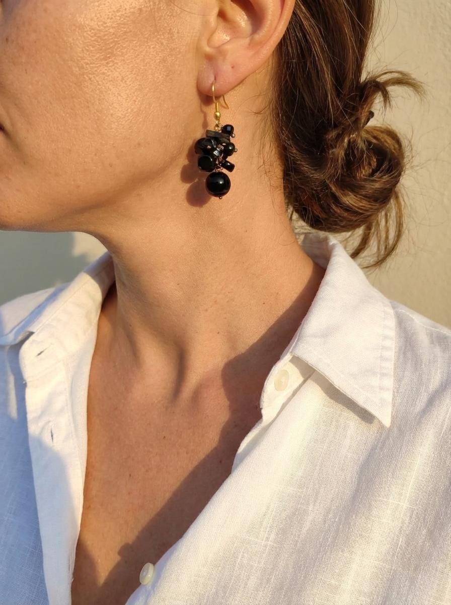 Orecchini Pendenti in Onice Nero Mix e Argento 925 Dorato - immagine 3