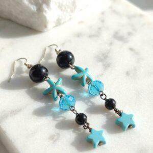 Orecchini Pendenti in Onice Nero e Turchese con Stelle Marine
