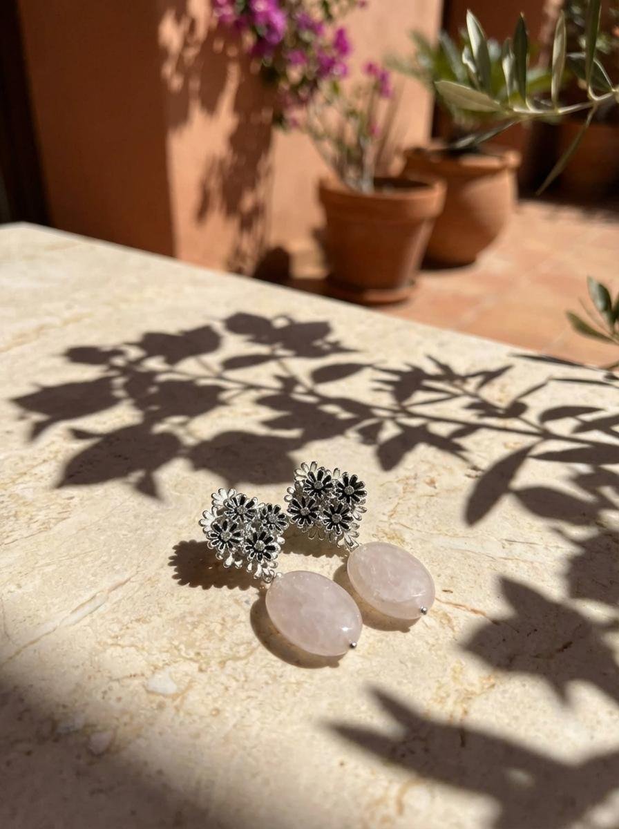 Orecchini Pendenti in Pietra di Luna e Bouquet Floreale - immagine 5