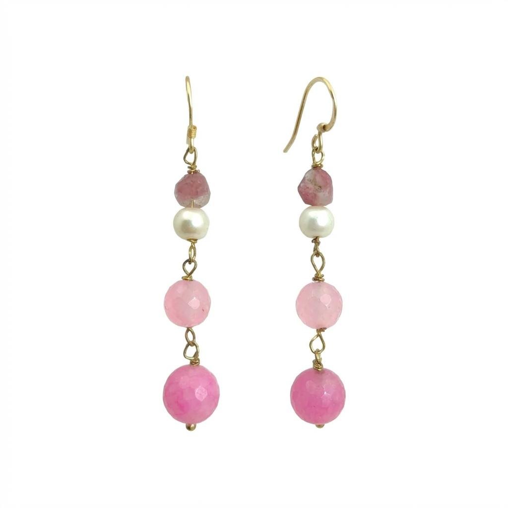 Orecchini Pendenti in Quarzo Rosa e Pietre Naturali Fucsia