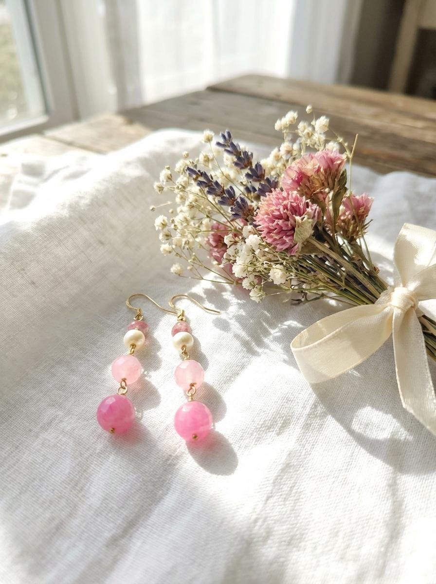 Orecchini Pendenti in Quarzo Rosa e Pietre Naturali Fucsia - immagine 2