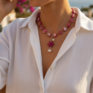 Parure Collana e Orecchini in Madreperla Rosa e Cristalli Fiori